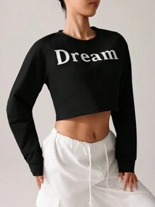 SHEIN Sports 休闲字母印花短款卫衣 - 黑色 - 查看 4