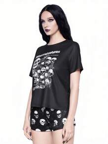 ROMWE Gothic Style Skull Graphic Short Sleeve Shorts Sleepwear Set - Black - View 5
