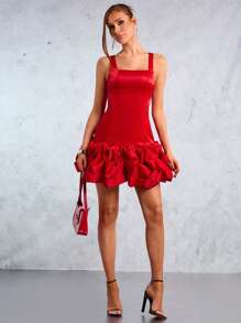 SHEIN SXY 新年婚礼季派对优雅休闲性感夜店情人节约会必备红色喜庆缎面蓬松褶皱A字公主裙下摆迷你连衣裙 - 紅色 - 查看 1