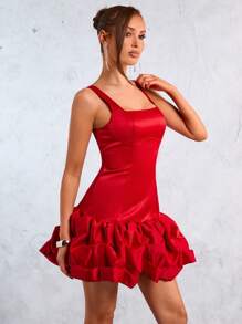 SHEIN SXY 新年婚礼季派对优雅休闲性感夜店情人节约会必备红色喜庆缎面蓬松褶皱A字公主裙下摆迷你连衣裙 - 紅色 - 查看 6