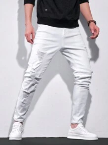 Manfinity Homme Men's Pocket Distressed Casual Skinny Denim Jeans - White - View 8
