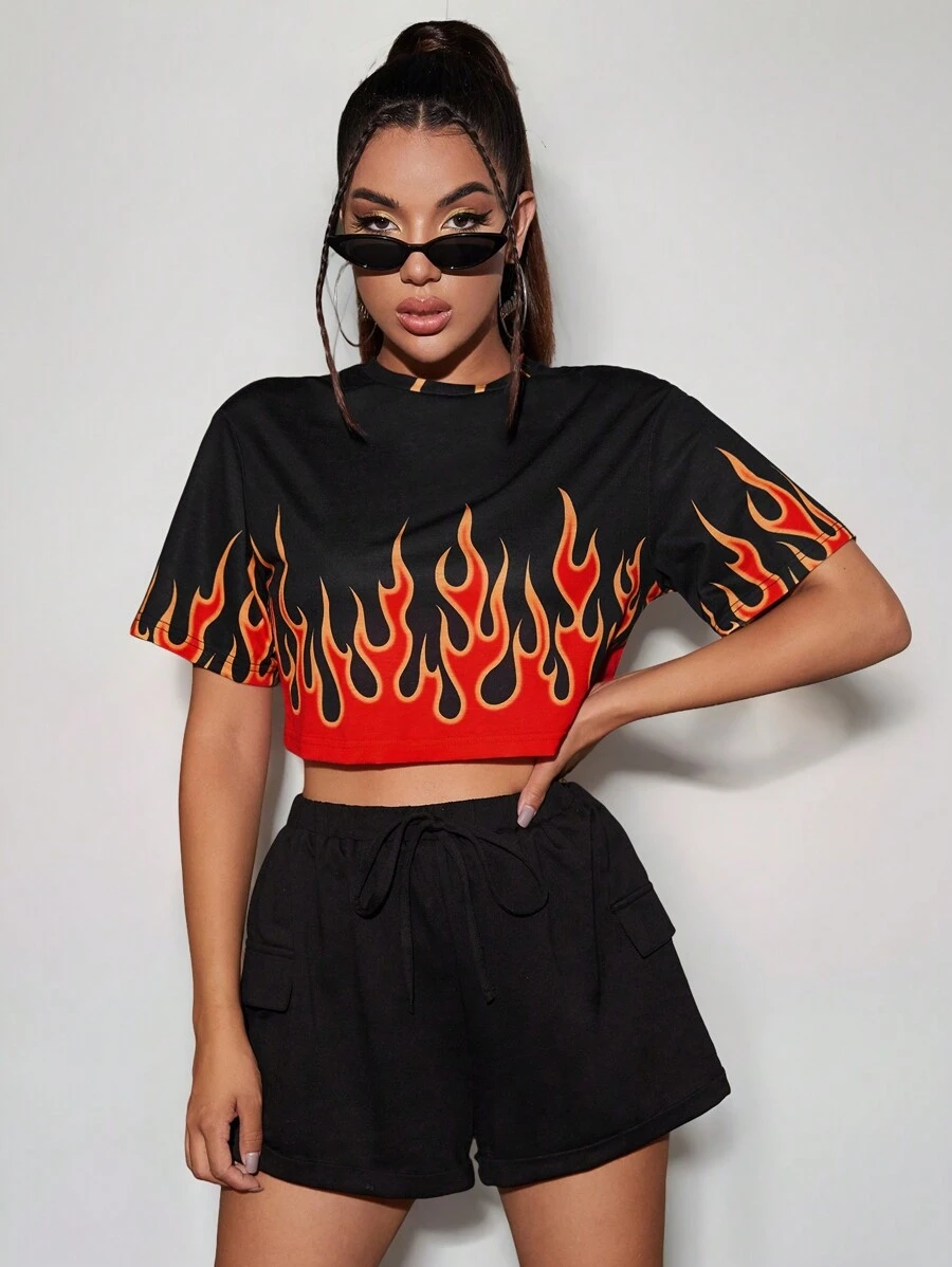 Coolane Women's Flame Print Crop Sleeve Cropped Casual T-Shirt For Summer - Red - View 1