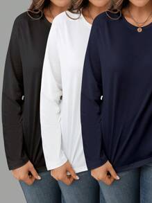 SHEIN LUNE Camiseta de manga larga de cuello redondo de unicolor básica para tallas grandes para atuendo primaveral
