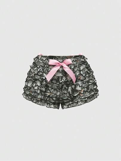 Kawaii Y2K Camouflage Mesh Ruffle Bow Low Rise Women Shorts