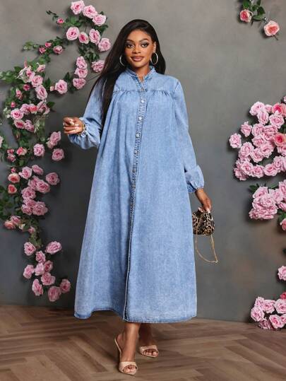 SHEIN Lady Plus Size Women Blue Denim Long Sleeve Long Casual Dress, Fall Women Clothes