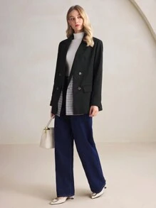 BizChic Blazer informal de mujer de doble capa con solapa a cuadros y parches, conjunto de ropa de mujer de otoño con aislamiento térmico