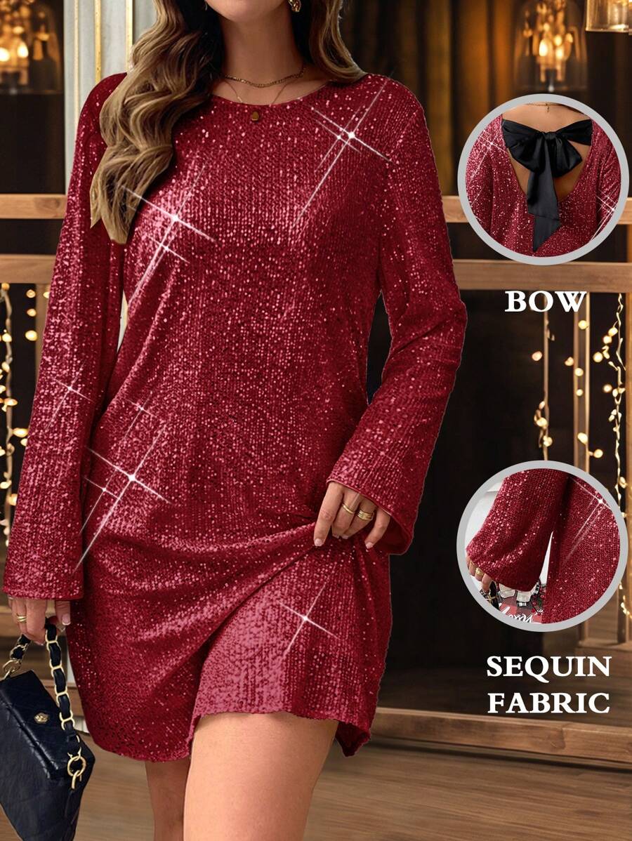NU&NOW Plus Size Sequin Lace-Up Backless Christmas Party Dress - Burgundy - View 1