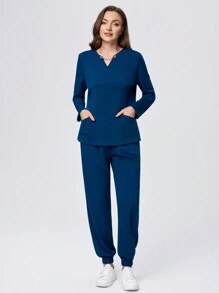 TaskEZ 2pcs Set Anti-Wrinkle Chain & Multiple Pocket Women Scrub Uniform Top & Pants - Blue - View 5