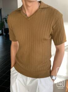 Manfinity CasualKnits Men's Solid Color Turndown Collar Short Sleeve Casual Knit Top, Autumn - Multicolor - View 4