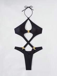 Swim SXY Đồ bơi một mảnh vải bóng màu trơn gợi cảm mùa hè mới có dây chéo thiết kế phụ kiện đặc biệt - màu đen - Xem 5