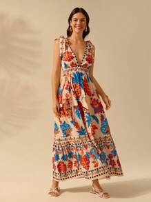 CAJUNI 女士深 V 领无袖系带休闲度假沙滩裙，热带豹纹、菠萝、巨嘴鸟印花波西米亚长裙，夏季 - 彩色 - 查看 8