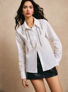 Poéselle White Long-Sleeved Shirt,New Years Women Shirt,Long Sleeve Women Tops,Women Tops,Going Out Tops,New Years Eve ,Women's Rhinestone Decor Long Sleeve Single-Breasted Elegant Shirt,Suitable For Everyday, Commuting, Party,Going Out On The Street, Dating And Other Occasions