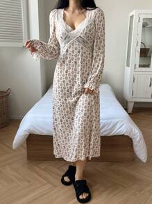 DAZY Cămașă de noapte romantică pentru femei, cu imprimeu floral și dantelă, cu mâneci și volane, în talie, toamnă - Bej - Vizualizare 7