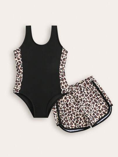 SHEIN Young Girls Bikini Sets Two Pieces Girls' Swimsuit With A One-Piece Swimsuit Inside, No Sleeves, With Leopard Print Stripes On The Side, And A Four-Cor Short With Leopard Print Decoration At The Bottom, Suitable For Summer Vacation, Suitable For The Seaside, Suitable For Surfing, Suitable For Beach Vacation.