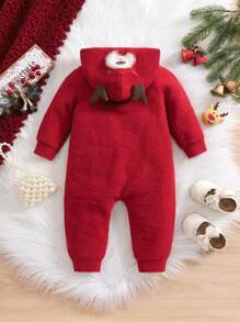 SHEIN Newborn Baby Girls' Christmas Colorblock Hooded Knit Romper For Autumn/Winter - Red - View 3