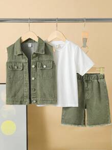 Conjunto de 3 piezas para niño pequeño: Camiseta blanca de cuello redondo clásica, chaleco vaquero con estampado verde lavado y pantalones cortos vaqueros con flecos, para edades de 4 a 7 años, vestimenta cómoda para uso diario en primavera/verano - Verde - Ver 3