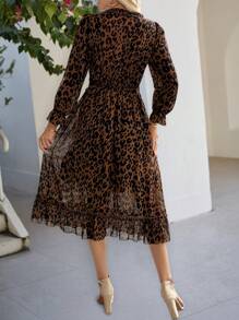 EMERY ROSE French Elegant Leopard Print Long Sleeve Midi Dress For Women , Fall Maxi Women Outfit - Brown - View 2