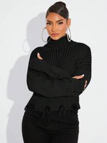 SHEIN SXY 女士纯色高领做旧长袖针织毛衣外出上衣