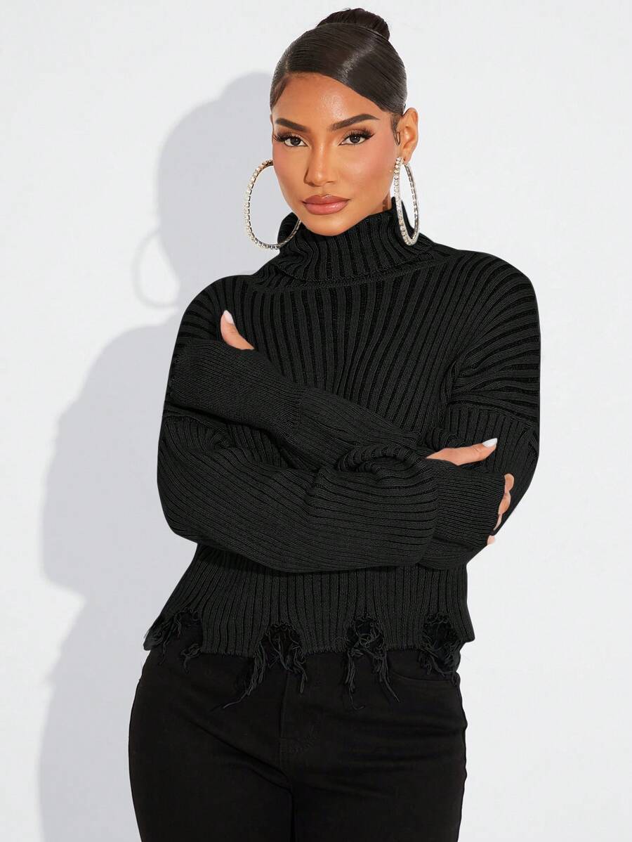 SHEIN SXY 女士纯色高领做旧长袖针织毛衣外出上衣