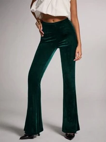 SHEIN BAE 女士纯黑色天鹅绒弹力腰部修身喇叭裤，百搭秋冬季、夜间派对、俱乐部派对 - 墨綠色 - 查看 5