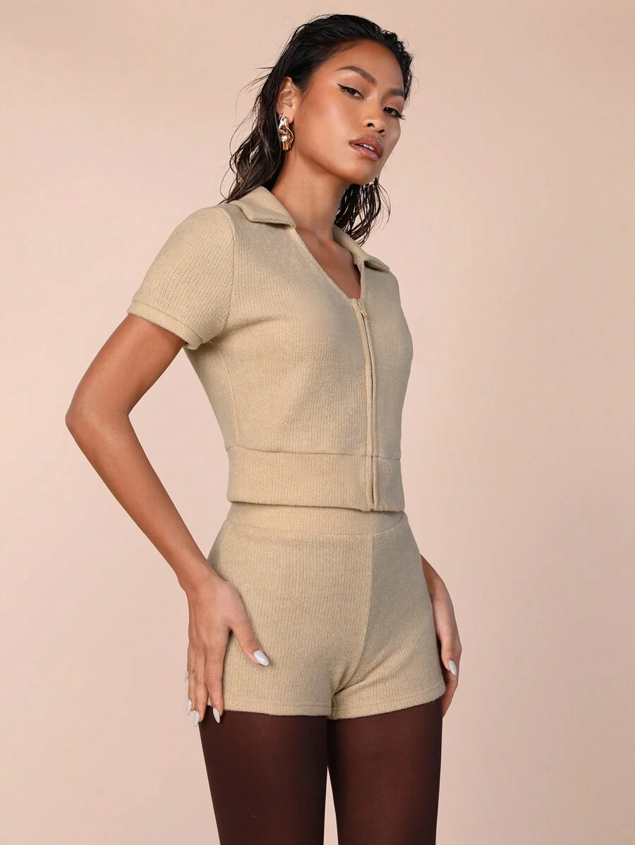 COSMINA 2pcs/Set Women Solid Front Zip Up Short Sleeve Top And Shorts Set - Apricot - View 1