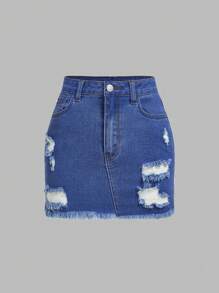 SHEIN EZwear Plus Size Front Button Pocket Distressed Casual Denim Skirt