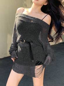 DAZY Women's Off Shoulder Long Sleeve Solid Color Casual Sweater Dress, Autumn/Winter Sheer Linen,Fall Women Clothes