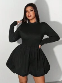 Allurite Plus Size Long Sleeve Stand Collar Sweet Cake Jumpsuit, Cute Rompers