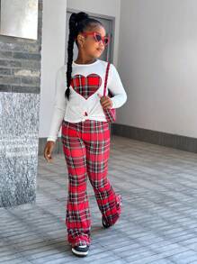 SHEIN Leap Crew Tween Girls Fashion Streetwear Knit Crewneck Long Sleeve Top & Plaid Flare Pants Set, Valentine's Day