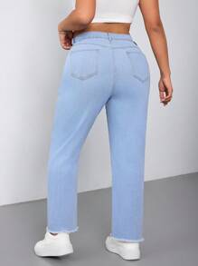 Plus High Waist Raw Hem Mom Fit Jeans - Light Wash - View 2