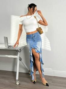 SHEIN Essnce Women's Pocket Patchwork Ruffle Hem Slit Hem Long Denim Skirt - Blue - View 3