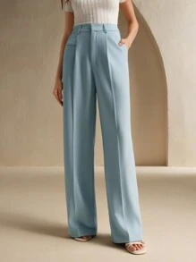 Anewsta 黑色都市时尚休闲宽松直腿腰带西装裤 - 淺藍色 - 查看 3