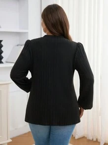 SHEIN LUNE 大码女式纯色高领挂领无袖设计优雅长袖针织羊毛修身柔软上衣，百搭 T 恤 - 黑色 - 查看 2