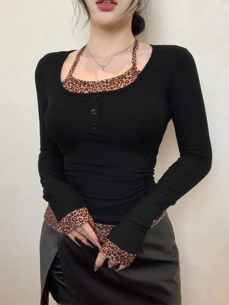 Women Leopard Print Halter Splicing Long Sleeve T-Shirt