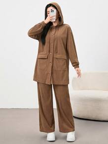 Mulvari 2件套卡其色女士休闲日常连帽衬衫和裤子套装，秋冬季两件套