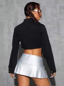 SHEIN ICON Women's Front Zipper Long Sleeve Pocket Casual Denim Jacket - Black - View 2