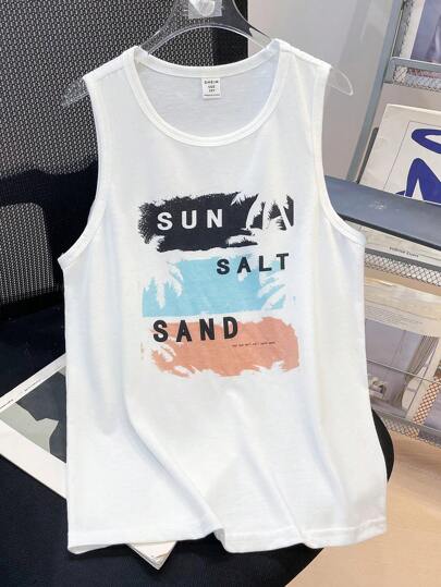 SHEIN Tween Boy 休闲度假棕榈树图案无袖宽松针织背心，适合海边、运动、度假、上学