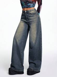 SHEIN EZwear 女士蓝色口袋宽松阔腿休闲牛仔裤 - 深色水洗藍 - 查看 7