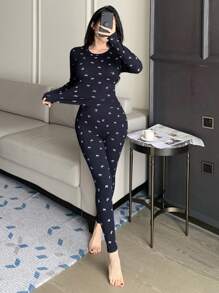 DAZY Allover Bow Print Lightweight Fitted Pajama Set, Fall Winter Clothes - Navy Blue - View 5