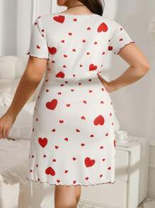 Plus Size Short Sleeve Nightgown With Lace Panel, V-Neck, 2 Button Decor And Heart Print Sleep Dress - Multicolor - View 2