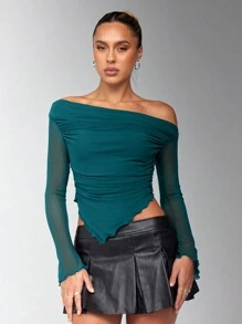 SHEIN BAE Blusa de manga larga de punto de malla con cuello y bajo asimétricos fruncidos en color marrón sólido, blusas de mujer para otoño, blusa con hombro asimétrico - Agua verde azul - Ver 1