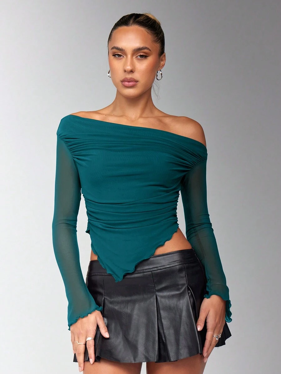 SHEIN BAE Blusa de manga larga de punto de malla con cuello y bajo asimétricos fruncidos en color marrón sólido, blusas de mujer para otoño, blusa con hombro asimétrico - Agua verde azul - Ver 1