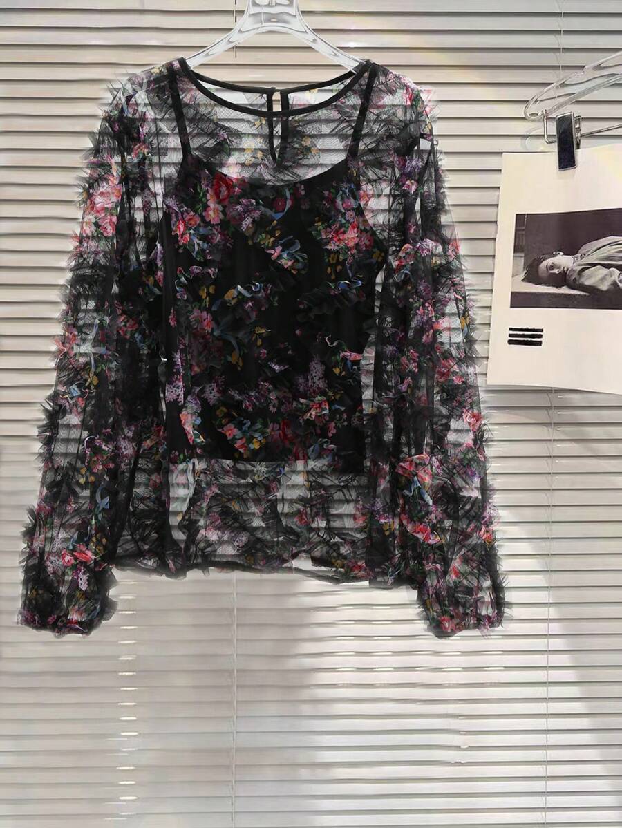 Celure Plus Size Sheer Romantic 3D Floral Print Long Sleeve Blouse