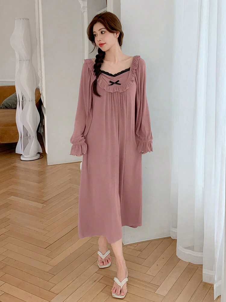 Sweet Lace Patchwork Ruched Ruffle Trim Loose Women Nightgown Pajama
