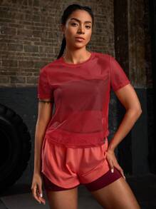 Powerista 女式纯色圆领短袖运动休闲T恤健身衫 - 酒紅色 - 查看 5