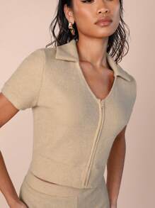 COSMINA 2pcs/Set Women Solid Front Zip Up Short Sleeve Top And Shorts Set - Apricot - View 6