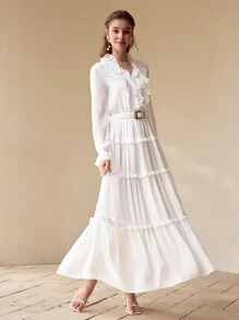 MOTF PREMIUM VESTIDO LARGO CON VOLANTES Y ENCAJE DE CONTRASTE