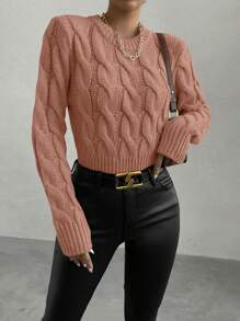 SHEIN Unity Casual Solid Color Cable Knit Crew Neck Sweater, Autumn/Winter Knit Pullover Fall Sweater - Dusty Pink - View 6
