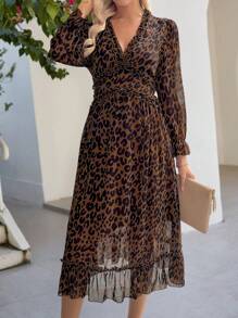 EMERY ROSE French Elegant Leopard Print Long Sleeve Midi Dress For Women , Fall Maxi Women Outfit - Brown - View 6