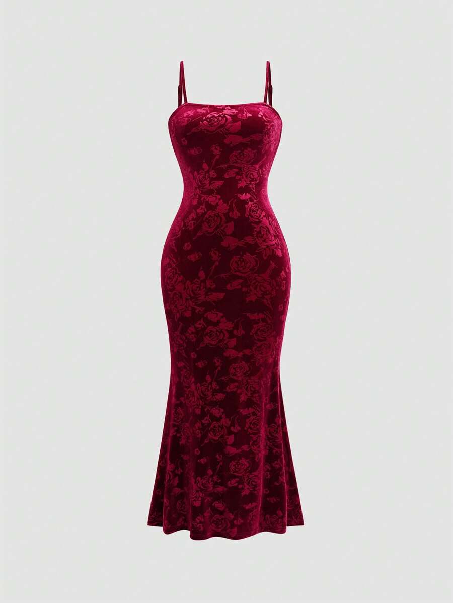 Allurite Robe moulante à fines bretelles en velours gaufré vintage élégante pour femme, rouge, pour la Saint-Valentin. Longue robe pour femme, robe de Saint-Valentin, robe sexy pour femme, robe rouge élégante et classique, robe vintage pour femme, robe sans bretelles